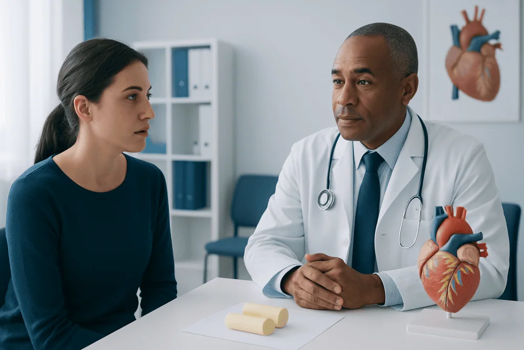 Doctor explaining heart health to a patient in a medical office.