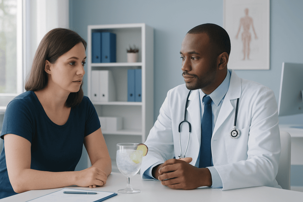 Doctor consulting with a female patient in a medical office setting.