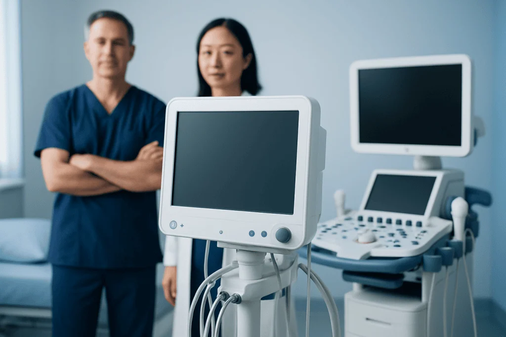 Medical professionals in a hospital with ultrasound and monitoring equipment.
