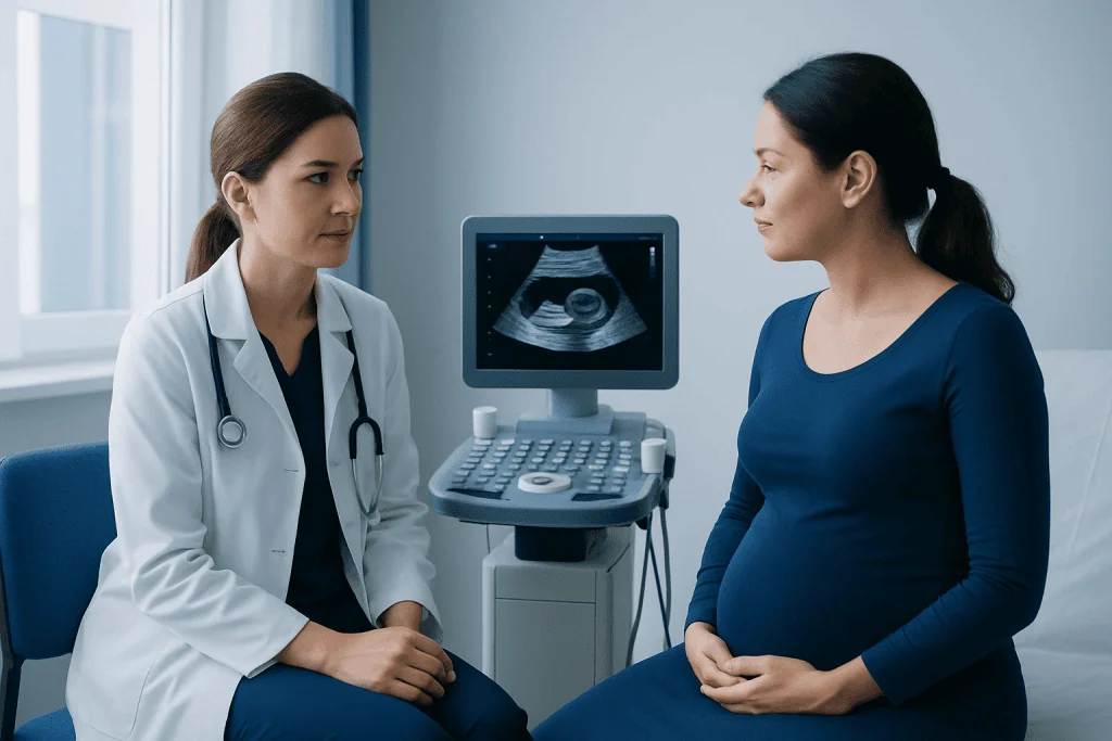 Pregnant woman during ultrasound consultation at Acibadem Hospital.