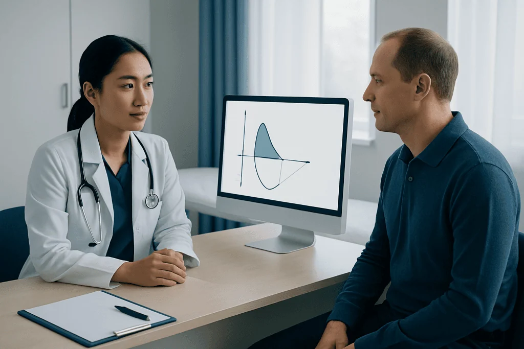 Doctor explaining flow volume loop to patient in a medical consultation.