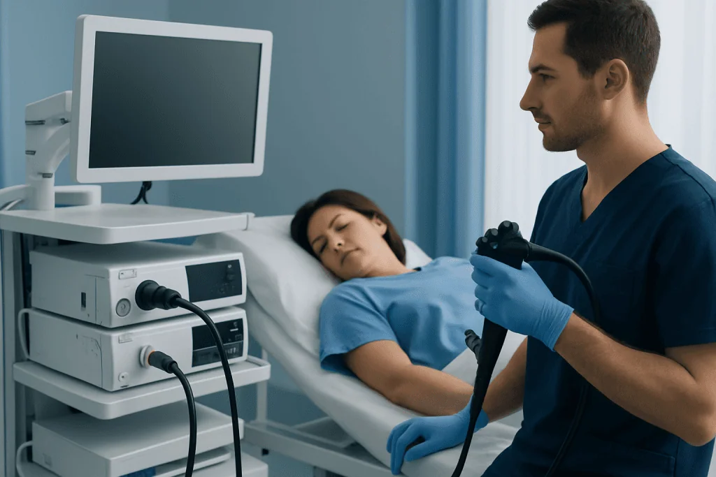 Doctor preparing for colonoscopy procedure in hospital room.