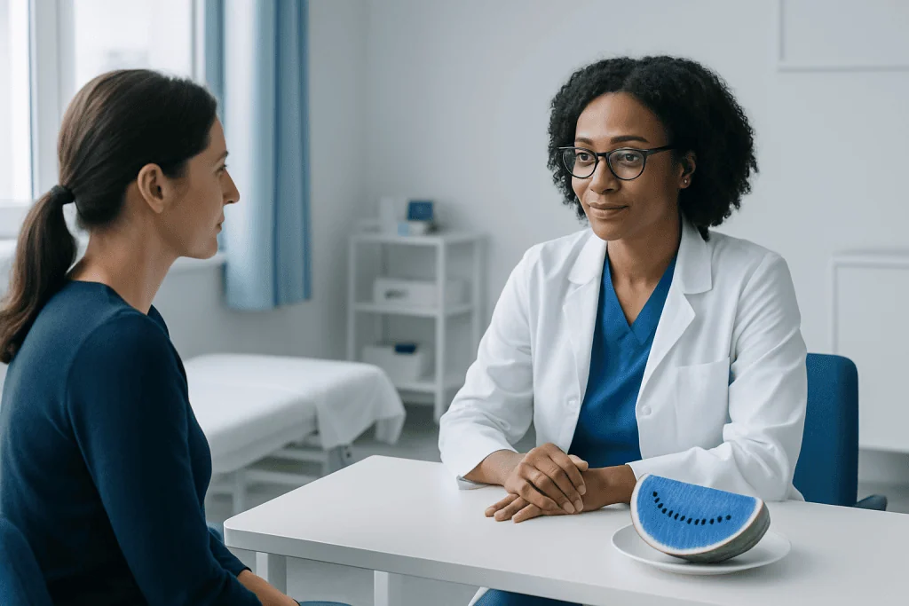 Doctor consulting with patient in a medical office with a watermelon model on the table.