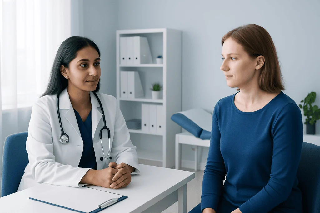 Doctor consulting with a patient in a medical office setting.