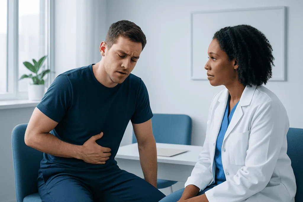 Man experiencing stomach pain during medical consultation at Acibadem Hospital.