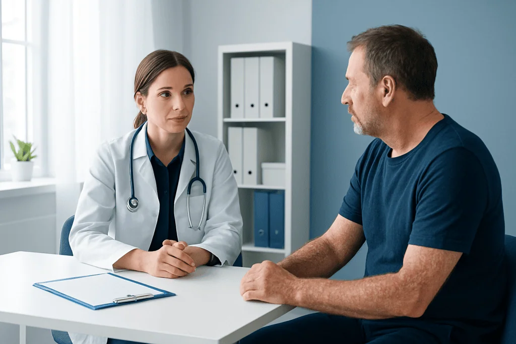 Doctor consulting with a patient in a modern clinic setting.