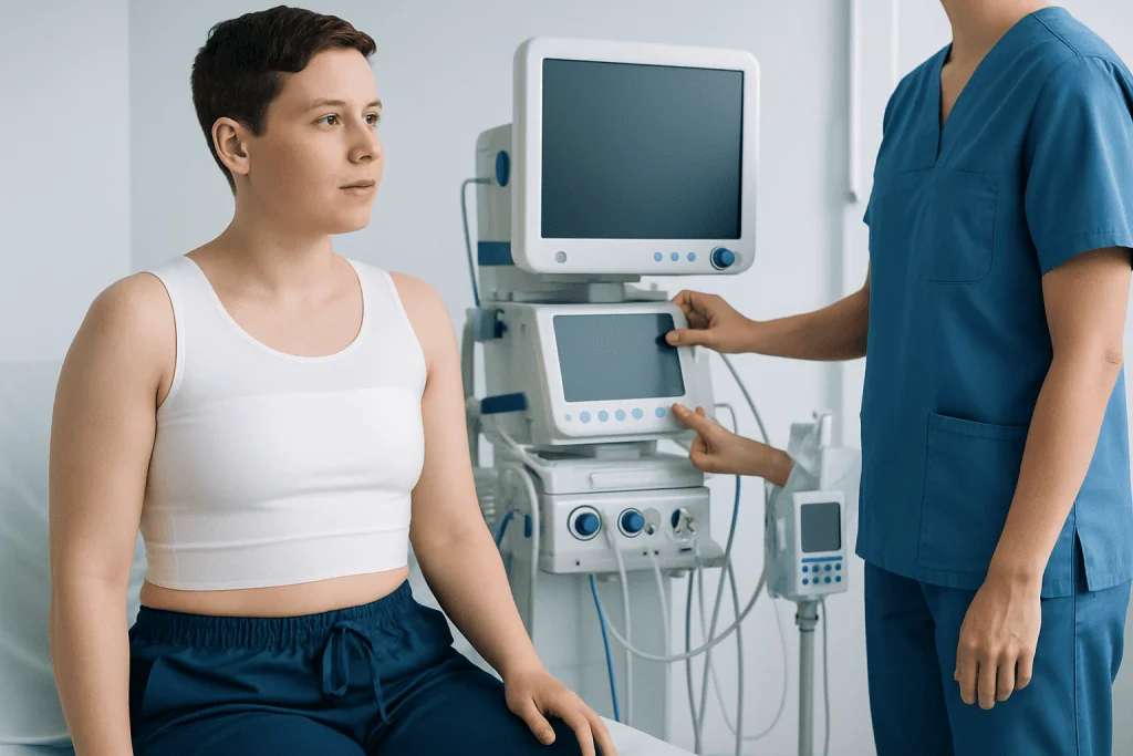 Young woman undergoing medical examination with ultrasound machine at Acibadem Hospital.