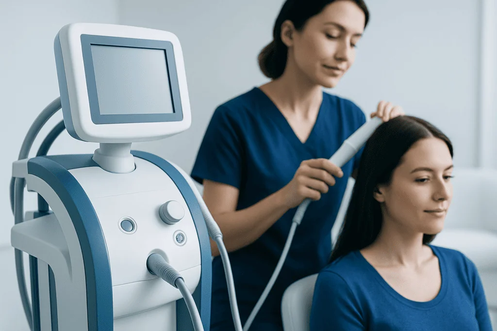 Medical professional performing hair treatment with advanced equipment.