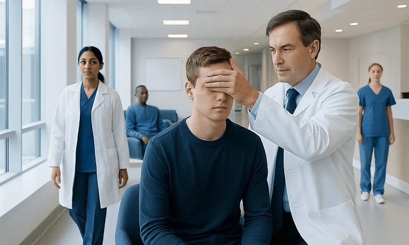 Doctor examines young man's head in hospital setting with medical staff present.