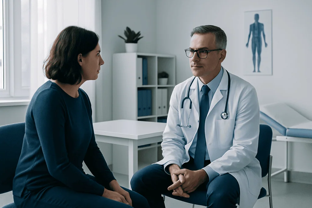 Doctor consulting with a female patient in a modern medical office.