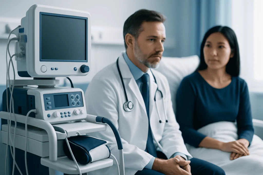 Doctor consulting with patient in hospital room with medical equipment.