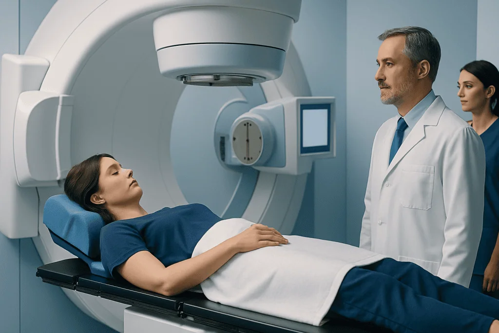 Patient undergoing skin cancer treatment with advanced medical imaging equipment.