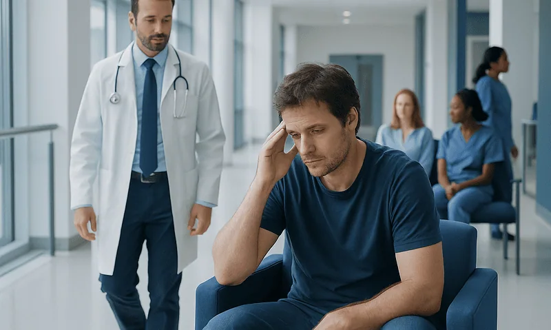 Patient in hospital waiting area appears distressed, doctor nearby in hospital corridor.