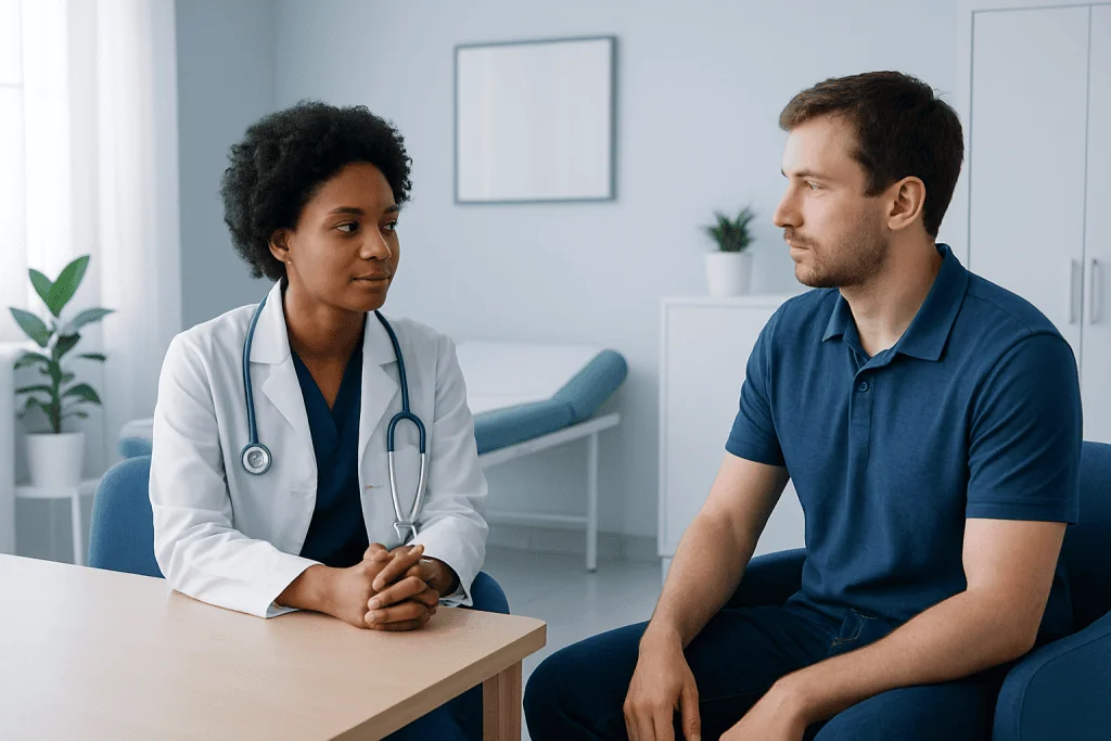 Doctor consulting with male patient in a medical office setting.