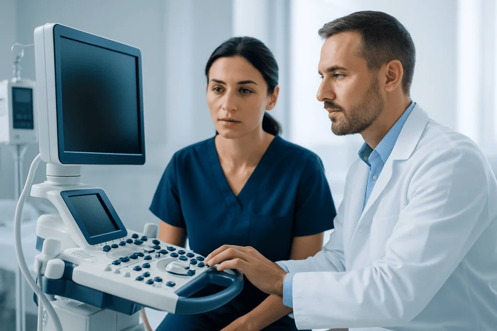 Medical professionals using ultrasound equipment in a hospital setting.