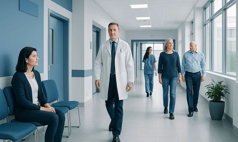 Medical professionals and patients in a hospital corridor at Acibadem Hospitals Group.