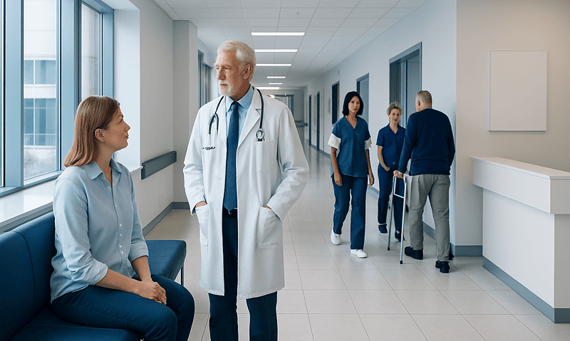Doctor consulting a patient in a hospital corridor with staff in the background.