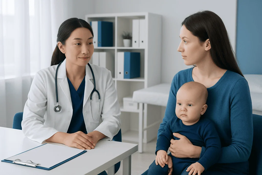 Pediatric consultation with a doctor and mother with baby in a clinic setting.