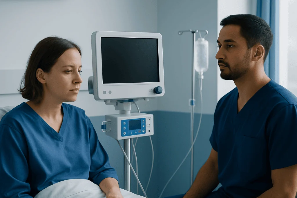 Medical consultation in hospital with patient and doctor in blue scrubs.
