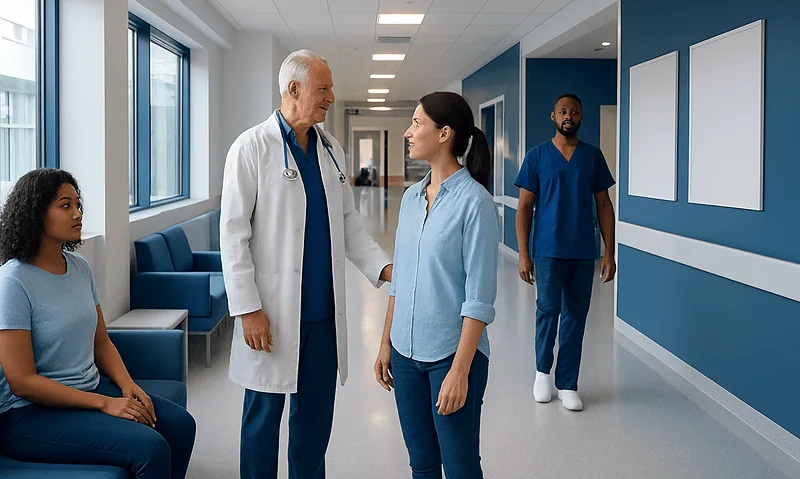 Doctor talking to a patient in a hospital corridor with medical staff nearby.