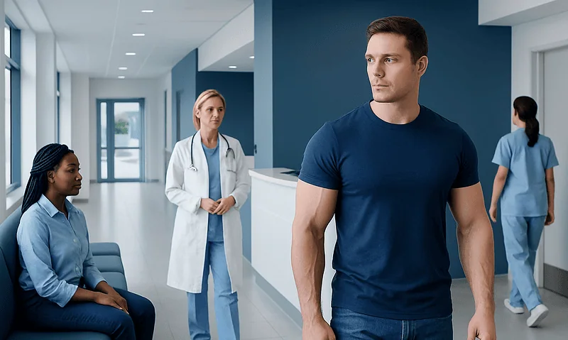 Young man with muscular arms in hospital corridor with medical staff.