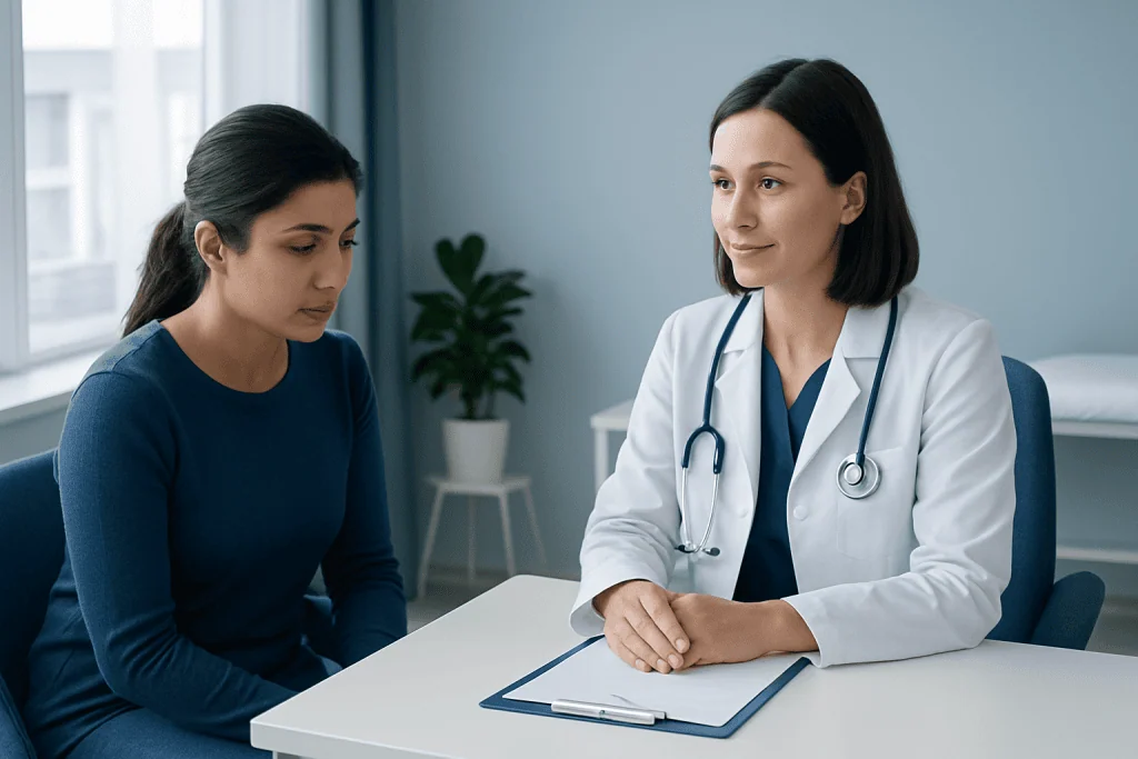 Doctor consulting with a patient in a modern medical office.