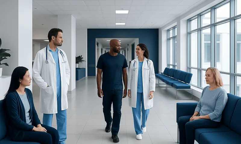 Medical team discussing patient care in hospital corridor.