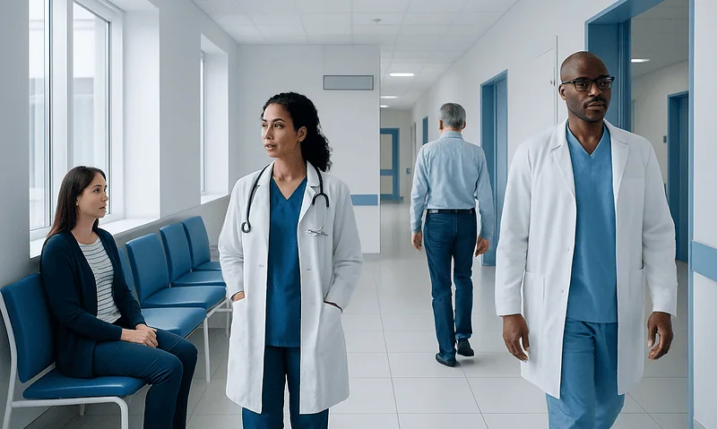Medical professionals and patient in a hospital corridor at Acibadem Hospitals Group.
