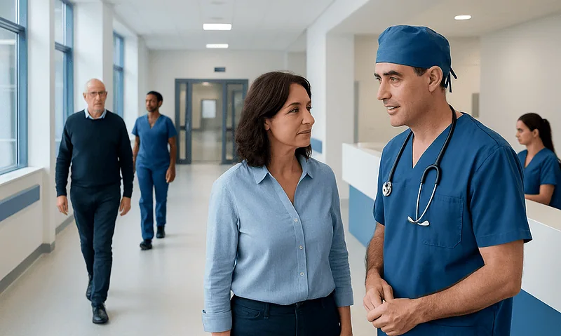 Doctor and patient discussing in hospital corridor with staff in background.