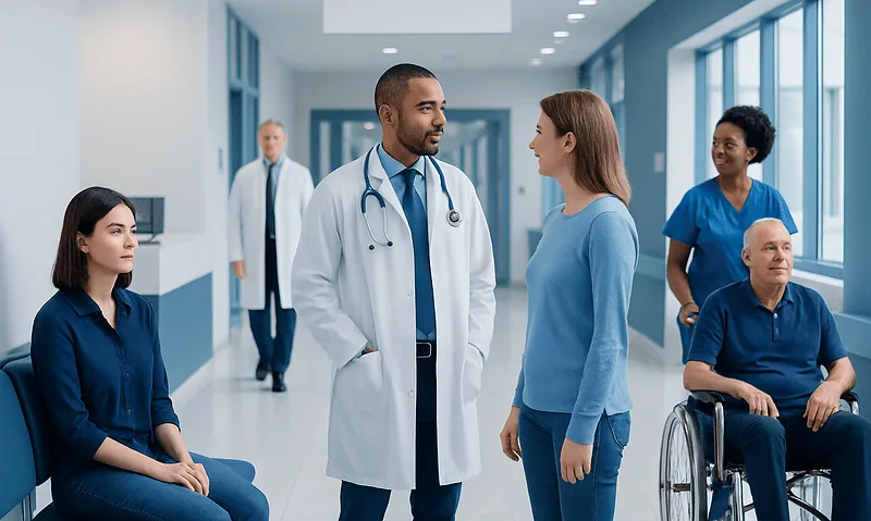 Doctor consulting with a patient in a hospital corridor with other patients and staff.