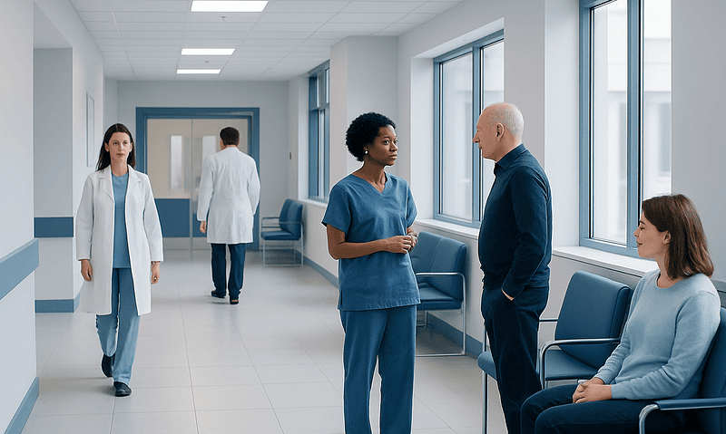 Healthcare professionals and patient in hospital corridor at Acibadem Hospitals Group.