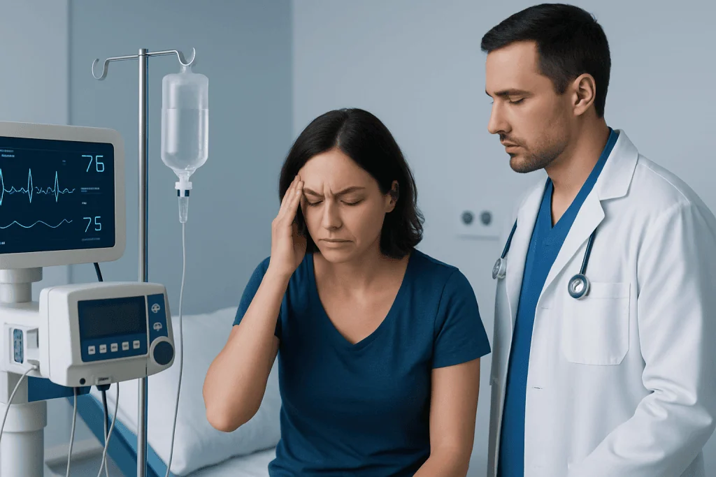 Patient experiencing dizziness in hospital with medical staff nearby.