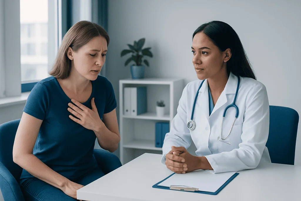 Doctor consulting a woman about health concerns in a clinic setting.