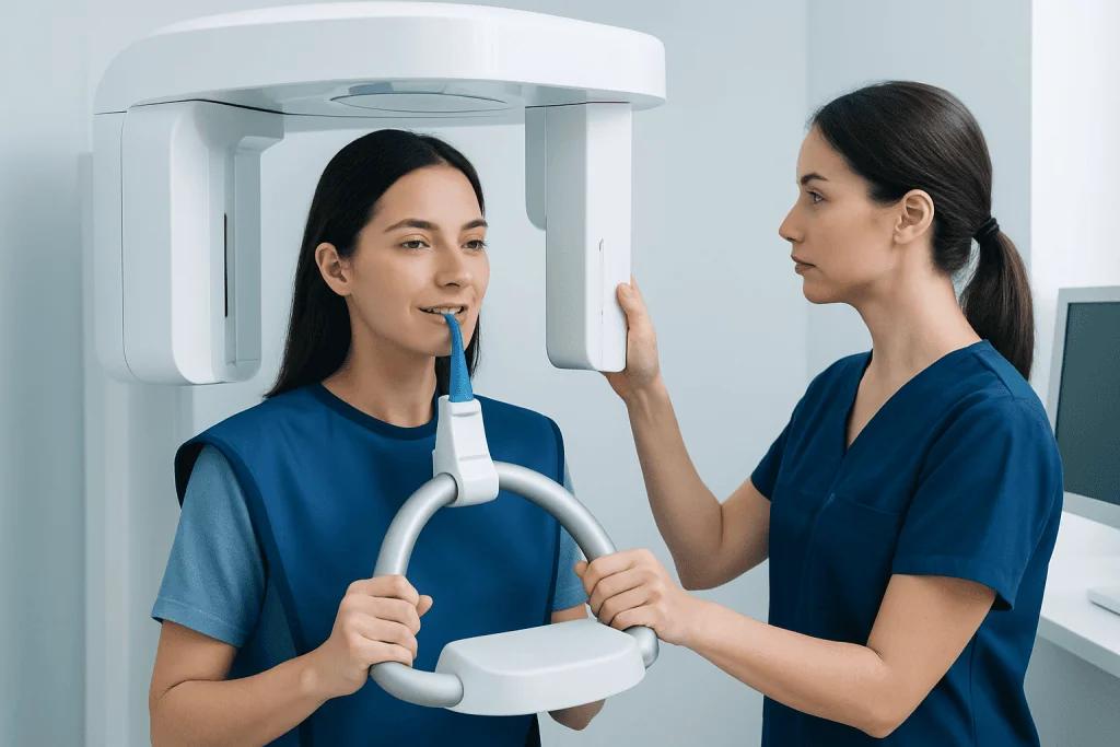Patient undergoing dental X-ray with technician in a modern clinic.