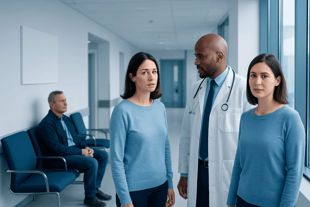 Dermatosis: Early Signs, Risk Factors, and How It Is Treated 1 Medical consultation in hospital corridor with doctor and patients.