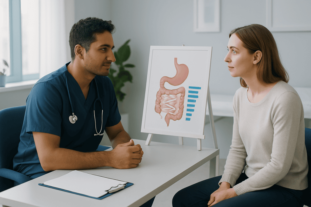 Doctor explaining digestive system to patient in clinic setting.