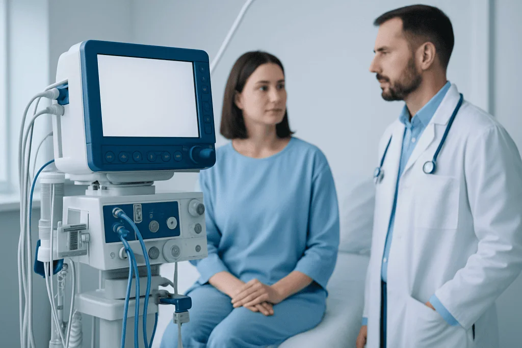 Doctor and patient in hospital room with medical monitor equipment.