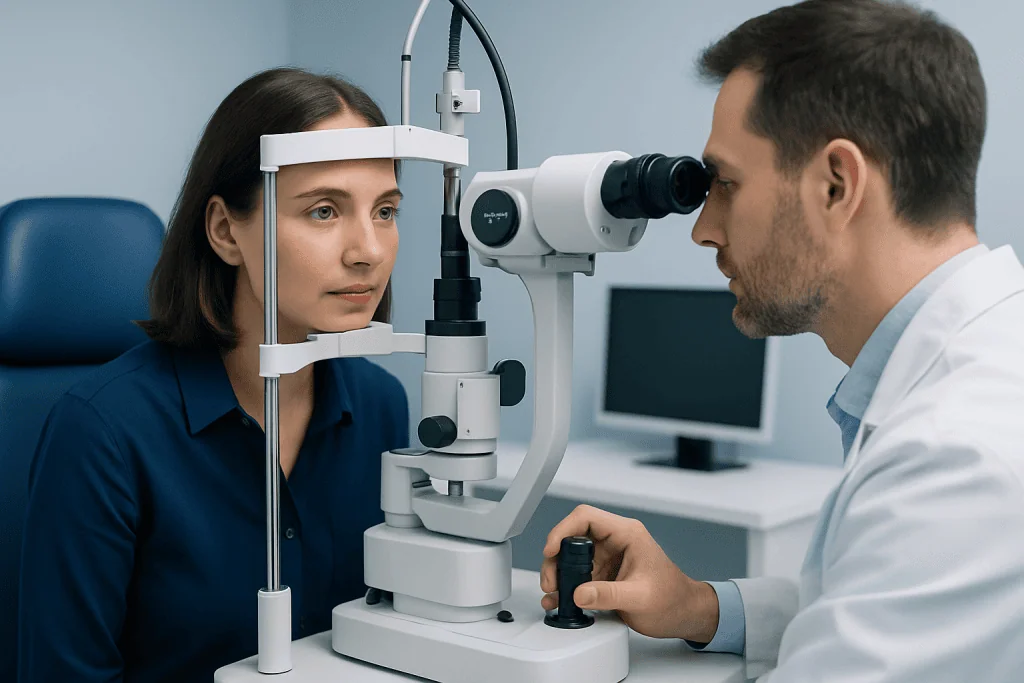 Ophthalmologist examining a patient's eye with a slit lamp microscope.