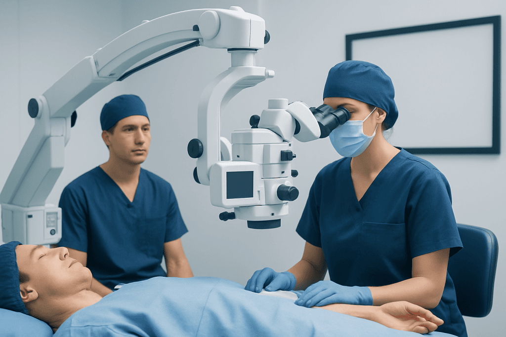 Surgeons performing lymphedema surgery with advanced medical equipment.