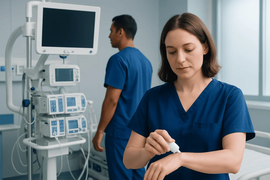 Healthcare professionals preparing medical equipment in a hospital setting.