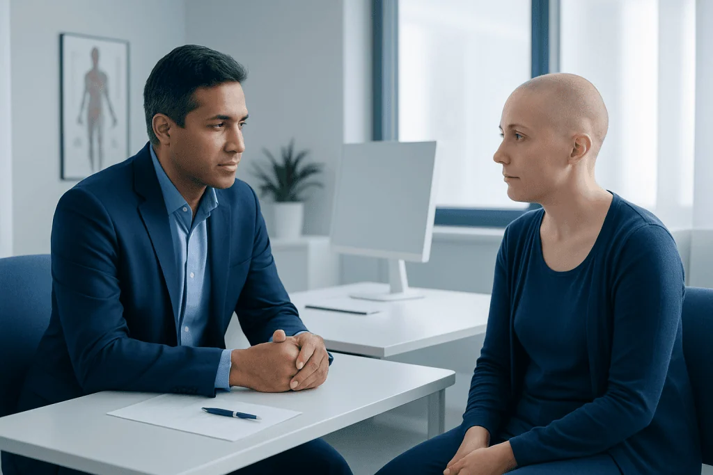 Doctor consulting a patient in a modern medical office setting.