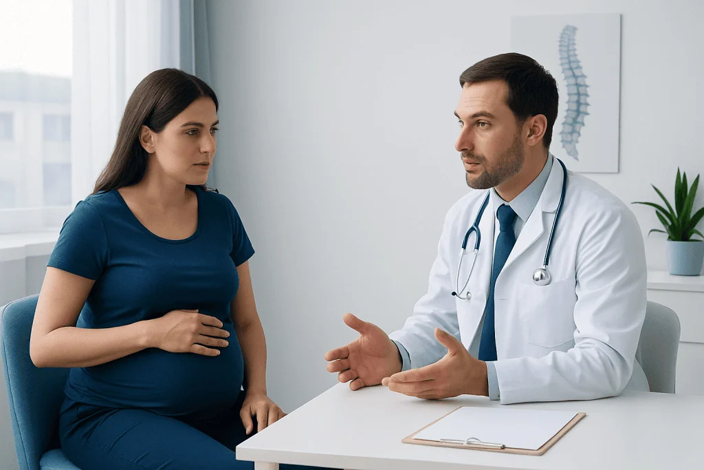 Doctor consulting with a patient about spinal health in a modern clinic.