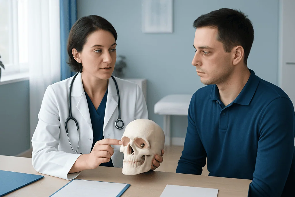 Doctor explaining eye socket injury with skull model to patient in clinic.