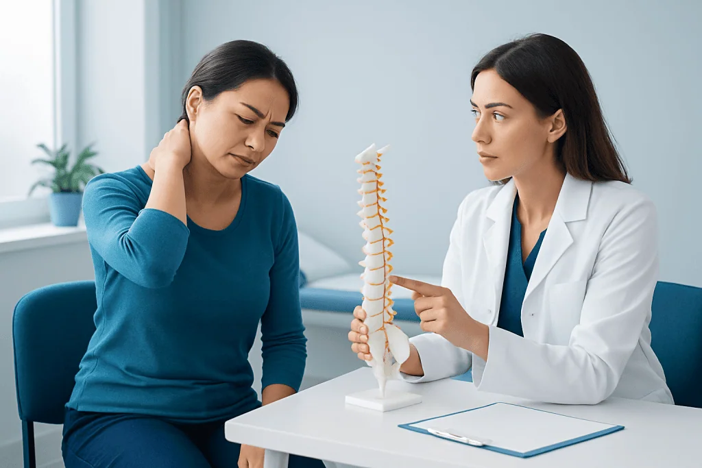 Doctor explaining neck spine model to patient with neck pain.