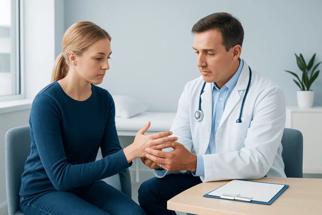 Doctor examining a patient's hand in a consultation room.