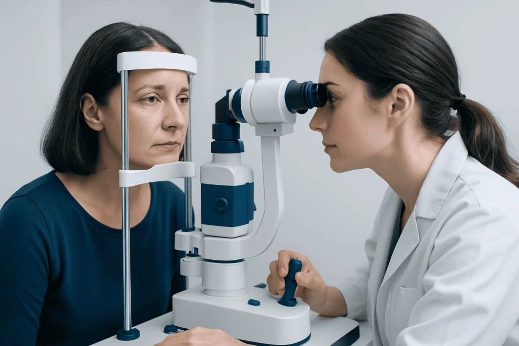 Ophthalmologist examining patient's eye with slit lamp microscope.