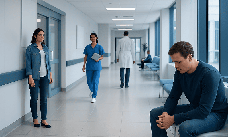 Patients waiting in a hospital corridor with medical staff nearby.