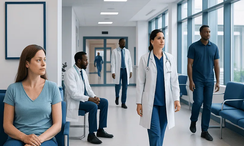 Medical team and patient in a hospital corridor with large windows.