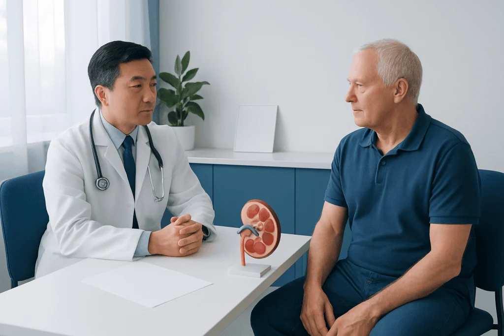 Doctor explaining kidney health to patient during consultation.