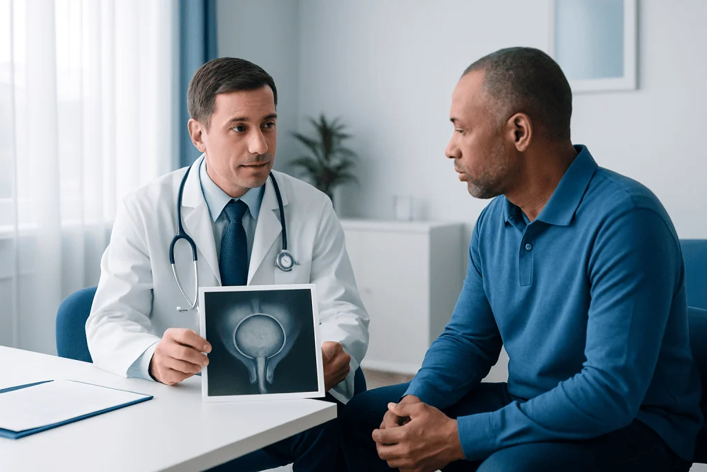 Urologist explaining prostate MRI scan to patient in consultation room.
